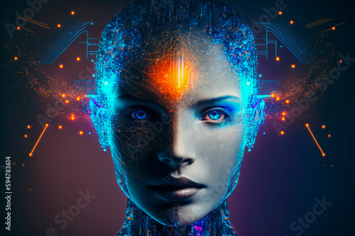 Image head with holographic symbols/forms, reflecting technology and futuristic aesthetics with bright/neon colors. Generative AI