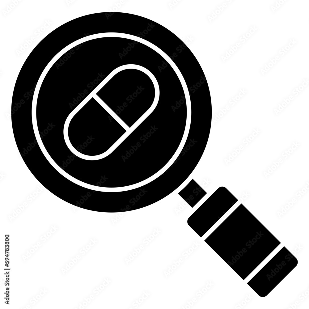 Tablets under magnifying glass, icon of search pill Tablets under magnifying glass, icon of search pill