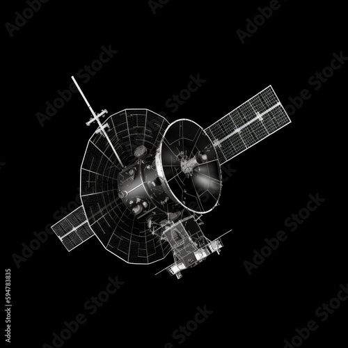 space satellite isolated on black background, with solar panels, generative ai