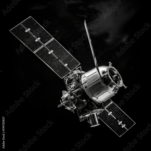 space satellite isolated on black background, with solar panels, generative ai © Anna Elizabeth