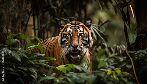 Endangered Bengal tiger staring, danger in nature generated by AI © Jeronimo Ramos