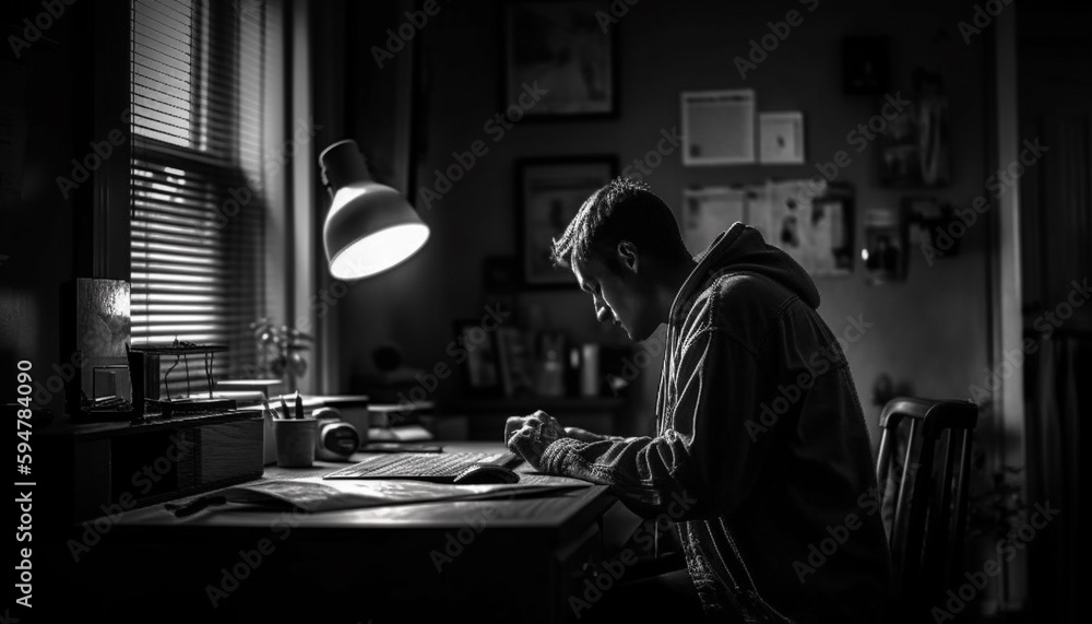 One businessman works late on laptop indoors generated by AI One businessman works late on laptop indoors generated by AI