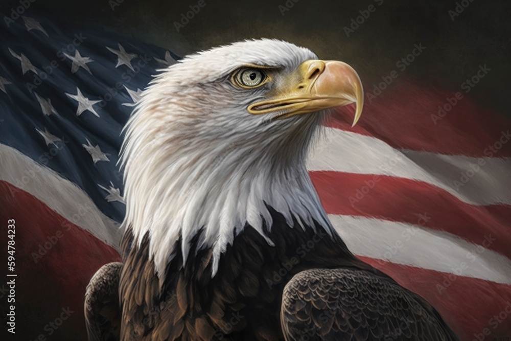 Naklejka premium american bald eagle and american flag background, angle view