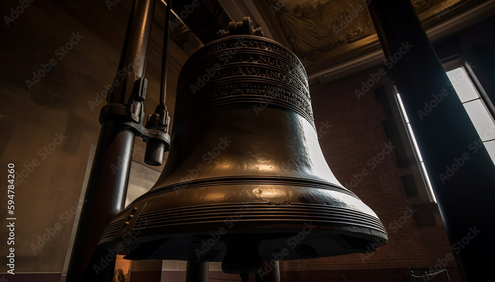 Fototapeta premium Bronze handbell symbolizes spirituality and religion history generated by AI