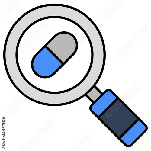 Tablets under magnifying glass, icon of search pill