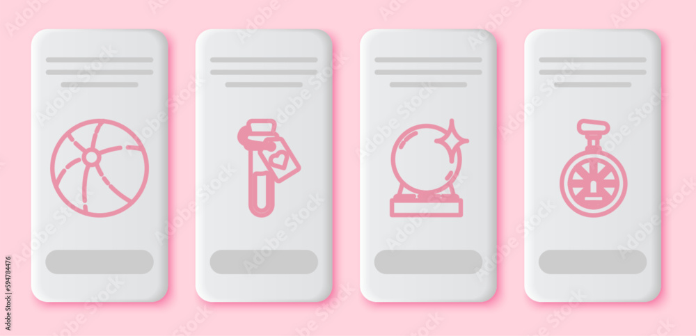 Set line Beach ball, Bottle with love potion, Magic ball and Unicycle or one wheel bicycle. White rectangle button. Vector Set line Beach ball, Bottle with love potion, Magic ball and Unicycle or one wheel bicycle. White rectangle button. Vector