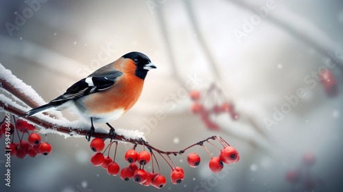Cute bullfinch bird sits on a bunch of red rowan berries, Christmas greeting card, AI generative illustration