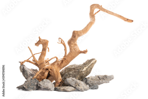 Grey mountain stone with red moor driftwood for freshwater aquarium aquascaping design isolated on the white background.