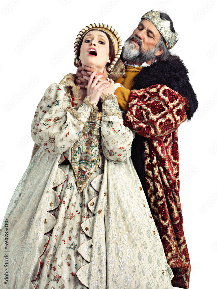 Medieval theatre, king choking queen and violence in stage costume with history act isolated on transparent, png background. Art, character actor and renaissance performance, man and woman in fashion