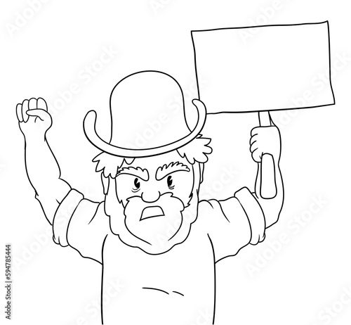 Template in outlines with angry worker holding blank banner, Vector illustration