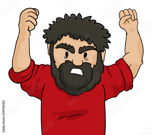 Angry bearded man with raised fists in cartoon style, Vector illustration