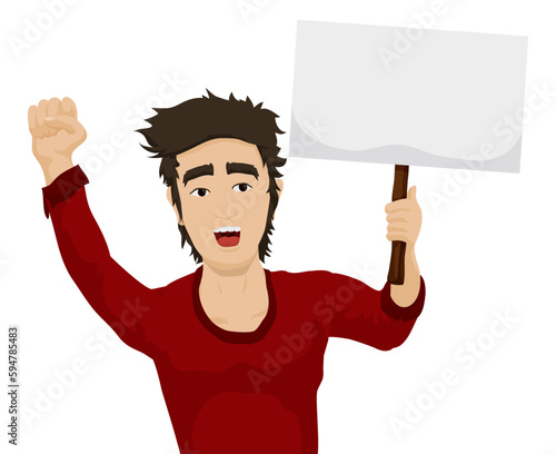 Young man with red shirt protesting with blank placard, Vector illustration