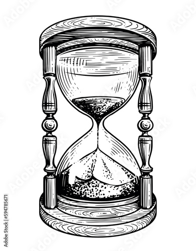 Hourglass sketch. Vintage sandglass in style of old engraving. Time, countdown, deadline concept. Vector illustration