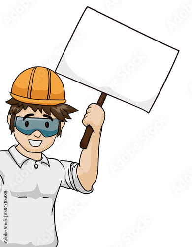 Young worker with hard hat and safety glasses, holding a blank banner, Vector illustration photo