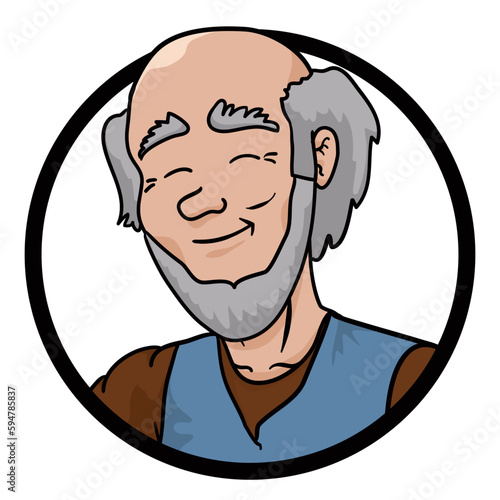 Portrait of smiling older man inside round button, Vector illustration