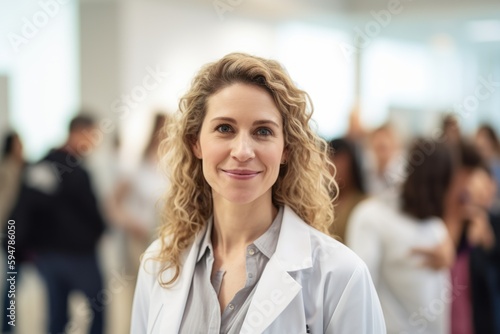 Lifestyle portrait photography of a grinning doctor in her 40s wearing a scrub or lab coat against a background of professionals and patients. Generative AI