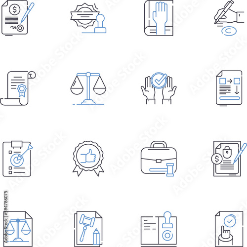 Juridical line icons collection. Law, Judge, Court, Litigation, Lawsuit, Attorney, Legal vector and linear illustration. Justice,Verdict,Appeal outline signs set