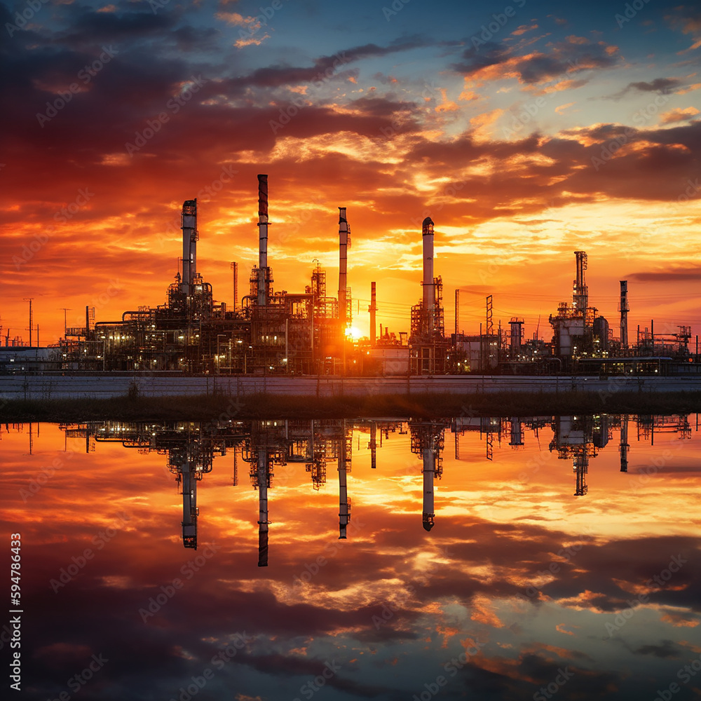 Oil well at sunset. Silhouette near pond..