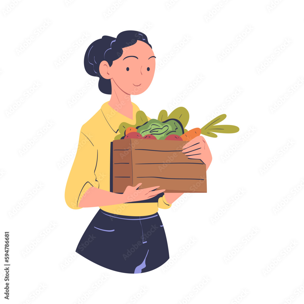 Young Woman Harvesting Holding Wooden Crate with Ripe Vegetables Vector Illustration Young Woman Harvesting Holding Wooden Crate with Ripe Vegetables Vector Illustration