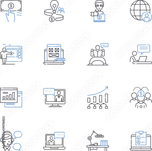 Show launch line icons collection. Premiere, Debut, Unveil, Release, Launch, Opening, Kick-off vector and linear illustration. Inaugural,Introduction,Presentation outline signs set