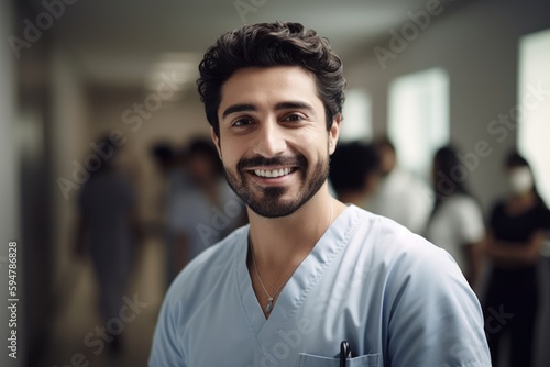 Lifestyle portrait photography of a grinning doctor in his 30s wearing a scrub or lab coat with doctors nurses therapists. Generative AI