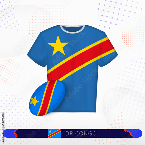DR Congo rugby jersey with rugby ball of DR Congo on abstract sport background.