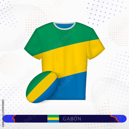 Gabon rugby jersey with rugby ball of Gabon on abstract sport background.