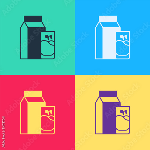Pop art Paper package for kefir and glass icon isolated on color background. Dieting food for healthy lifestyle and probiotics fulfillment. Vector