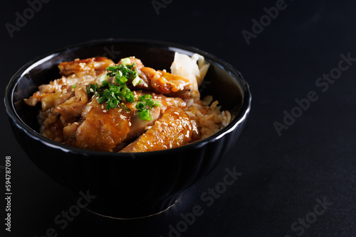 Grilled Chicken teriyaki rice Japanese food isolated in black background