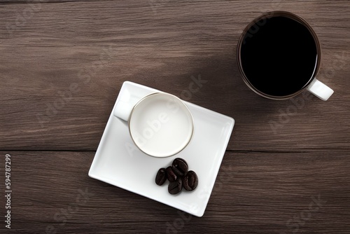 Coffee in white mug with blue napkin on wooden tray - generative ai