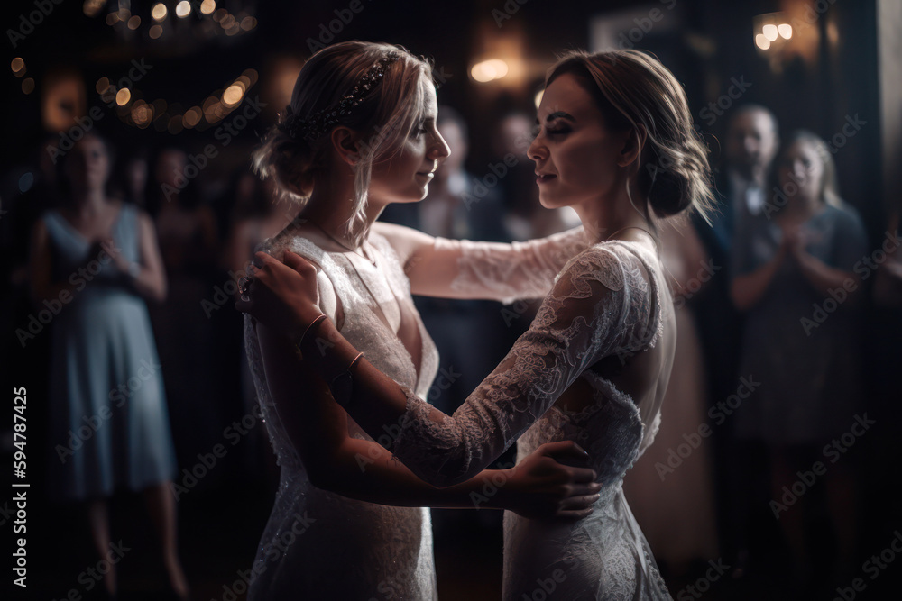 Lesbian couple dancing at wedding, portrait. Generative AI