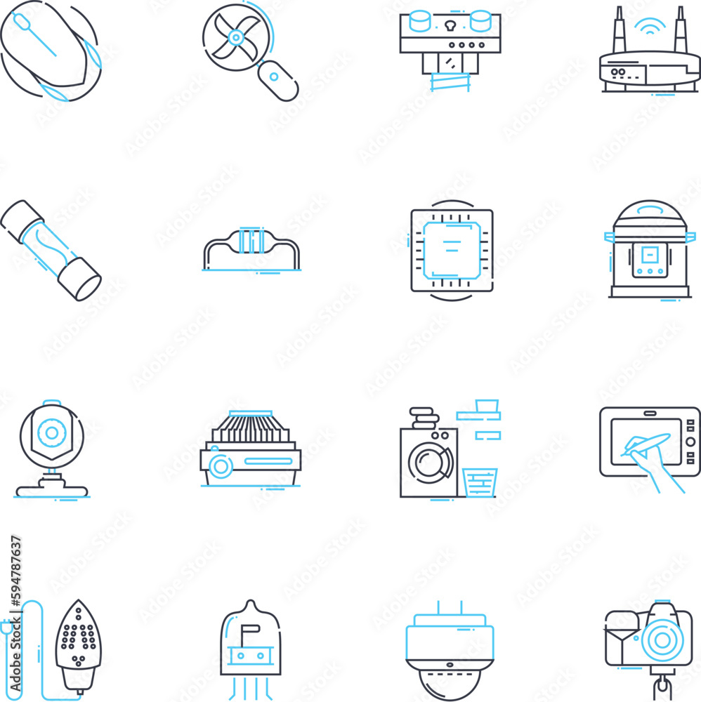 Digital devices linear icons set. Smartph, Tablet, Laptop, Desktop, Camera, Printer, Scanner line vector and concept signs. Headphs,Microph,Mouse outline illustrations