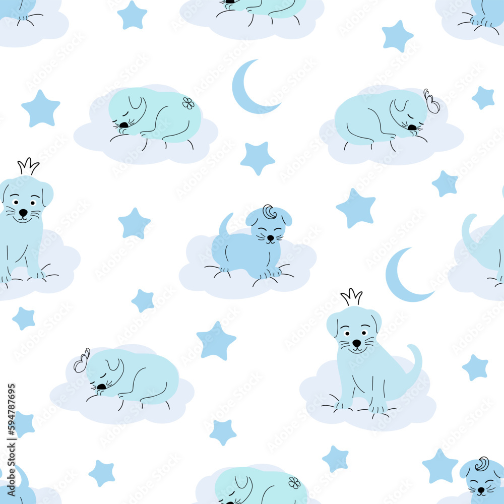 Fototapeta premium Cute sleeping puppy, clouds, stars, crown, butterflies Seamless pattern. Gentle colors. For newborns