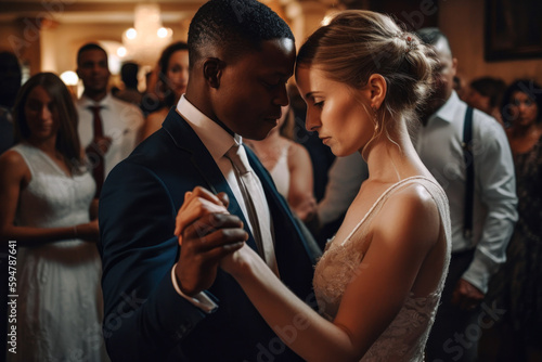 Interracial couple dancing at wedding, portrait. Generative AI