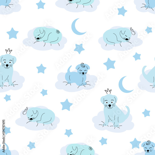 Cute sleeping puppy  clouds  stars  crown  butterflies Seamless pattern. Gentle colors. For newborns