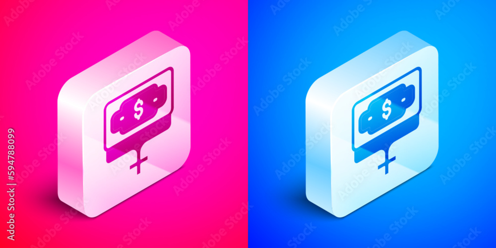 Isometric Money growth woman icon isolated on pink and blue background. Income concept. Business growth. Investing, savings and managing money concept. Silver square button. Vector Isometric Money growth woman icon isolated on pink and blue background. Income concept. Business growth. Investing, savings and managing money concept. Silver square button. Vector