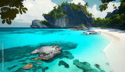 Tropical paradise island, beach with sky and sea, Generative AI