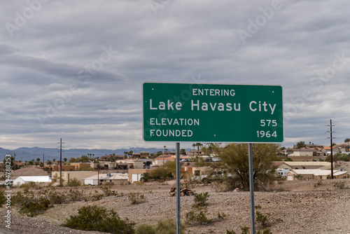 Entering Lake Havasu City sign with Elevation 575 and Founded 1964. Lake Havasu City is the home of The London Bridge that was relocated form London