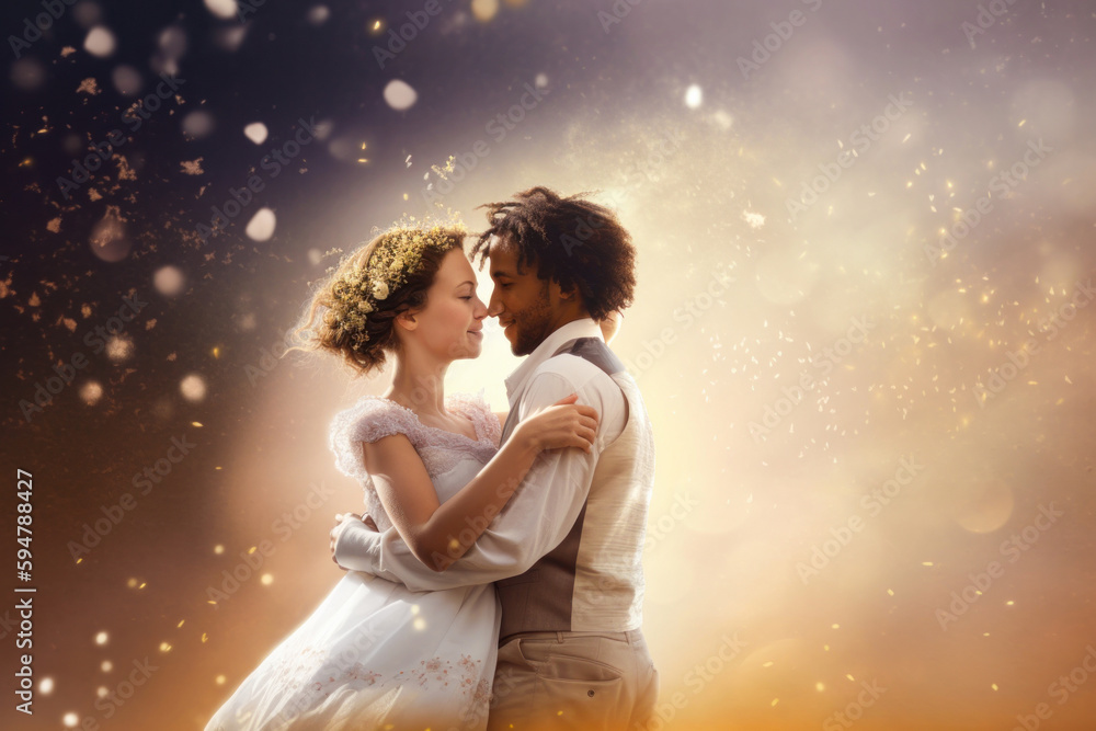 Interracial couple wedding portrait. Generative AI Interracial couple wedding portrait. Generative AI