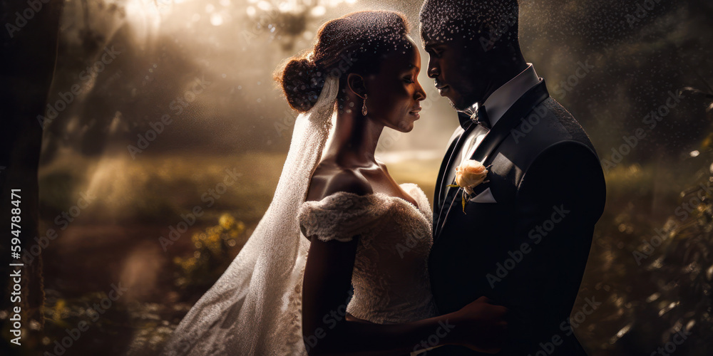 Black couple wedding portrait. Generative AI