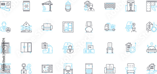Interior design industry linear icons set. Aesthetics, Ambiance, Art, Beauty, Comfort, Creativity, Colors line vector and concept signs. Craftsmanship,D?cor,Detail outline illustrations