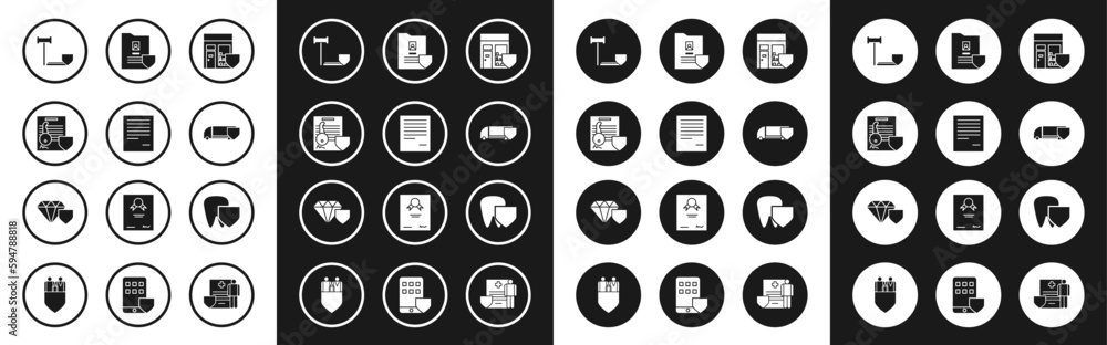 Set Shopping building with shield, Document, key, Judge gavel, Delivery cargo truck, Tooth and Diamond icon. Vector