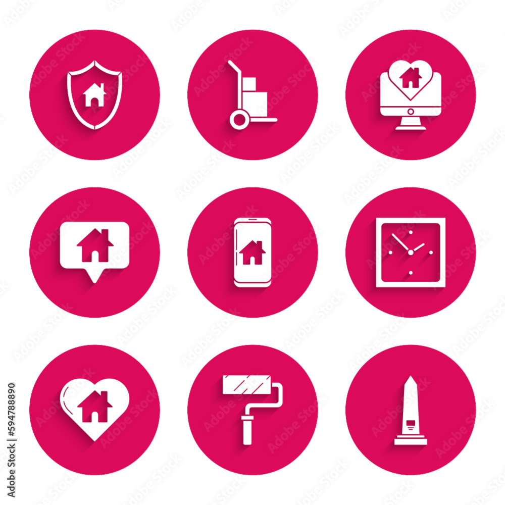 Set Mobile phone with smart home, Paint roller brush, Washington monument, Clock, House heart shape, Map pointer house, Monitor and shield icon. Vector Set Mobile phone with smart home, Paint roller brush, Washington monument, Clock, House heart shape, Map pointer house, Monitor and shield icon. Vector