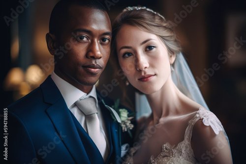 Interracial couple wedding portrait. Generative AI