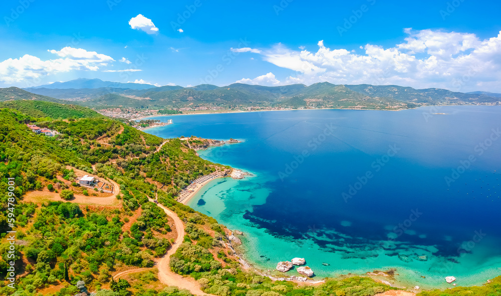 Aerial view of sand beach and blue water near Kavala, Greece, Europe