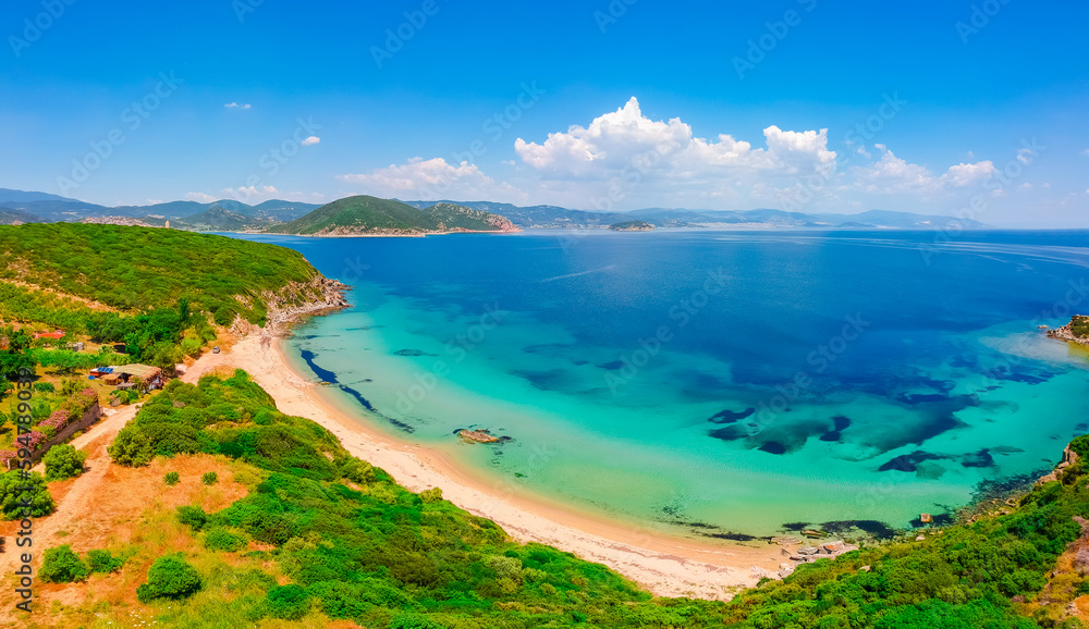 Aerial view of sand Vrasidas beach near Kavala, Greece, Europe