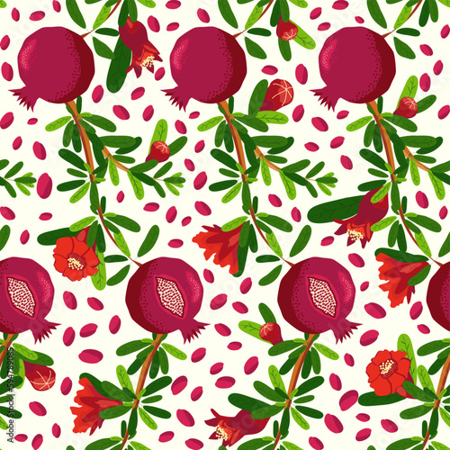 Pomegranate branches with fruits and flowers Seamless pattern. Bright leaves and fruits. Jewish New Year
