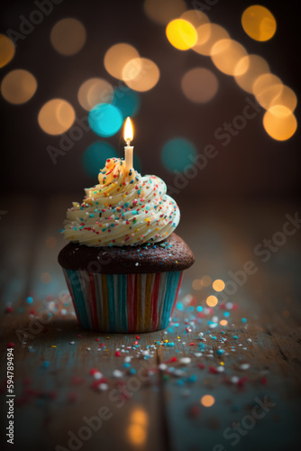 A festive cupcake with a lit candle stands out against a backdrop of colorful holiday bokeh lights, ready to celebrate a birthday. . Generative AI
