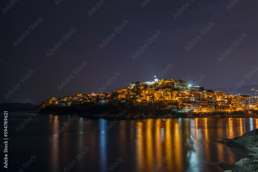 Old town, castle, sea in Kavala, Macedonia, Greece, Europe at night