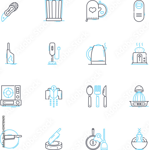 Scullery linear icons set. Sink, Dishware, Cleanliness, Utensils, Cookware, Pots, Pans line vector and concept signs. Stove,Countertops,Apron outline illustrations